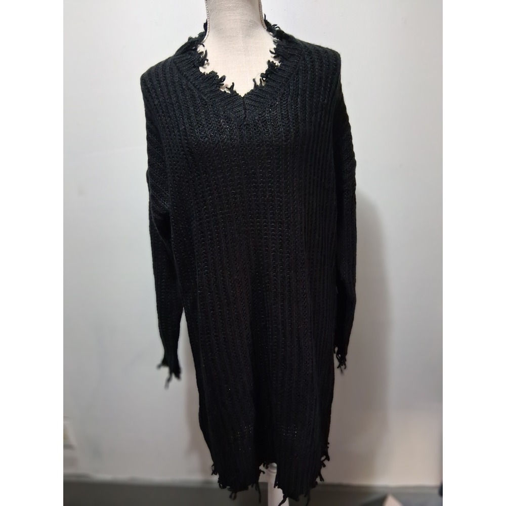 Hyfve Black Distressed V-Neck Knit Sweater Dress XS Streetwear Grunge Whimsigoth